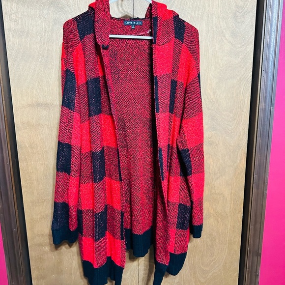 Love Ellie Dailey Hooded Cardigan. 3X. Red and Black. - Picture 2 of 5